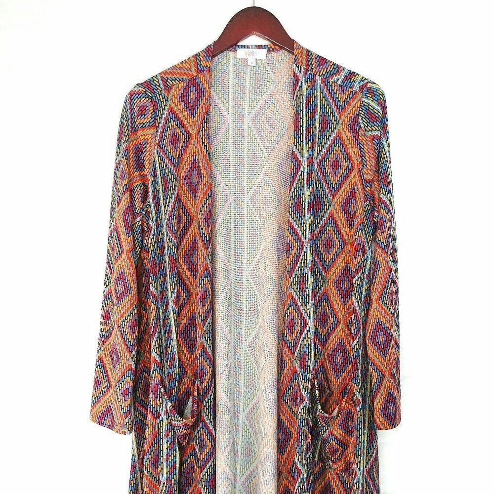 Lularoe Sarah Cardigan Duster Orange Blue Geometric Print - Picture 3 of 6